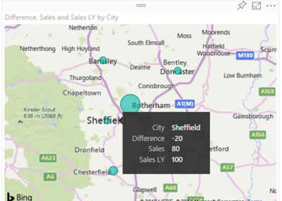 a map data visualisation showing sales by store within a region