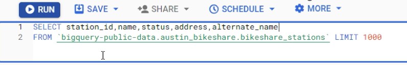 Big Query SQL Editor showing the newly separated fields