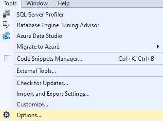 SSMS Menu screen showing tools