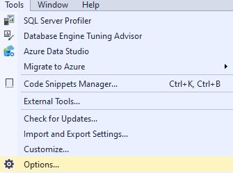 SSMS Menu screen showing tools