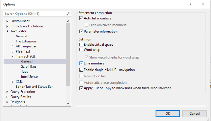 SSMS Options Menu screen