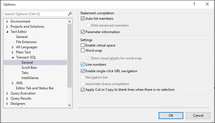 SSMS Options Menu screen