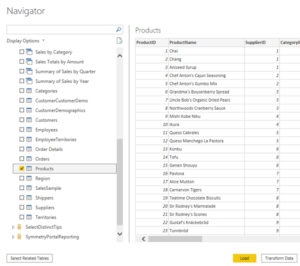 Power BI Navigator screen showing data tables