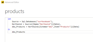 Power BI advanced editor with the SQL connection details