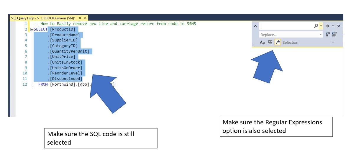 using find and replace in SSMS