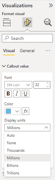 Custom Format setting in Power BI to format values in millions