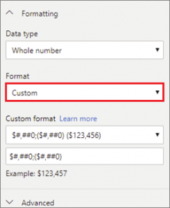Power BI custom format string settings