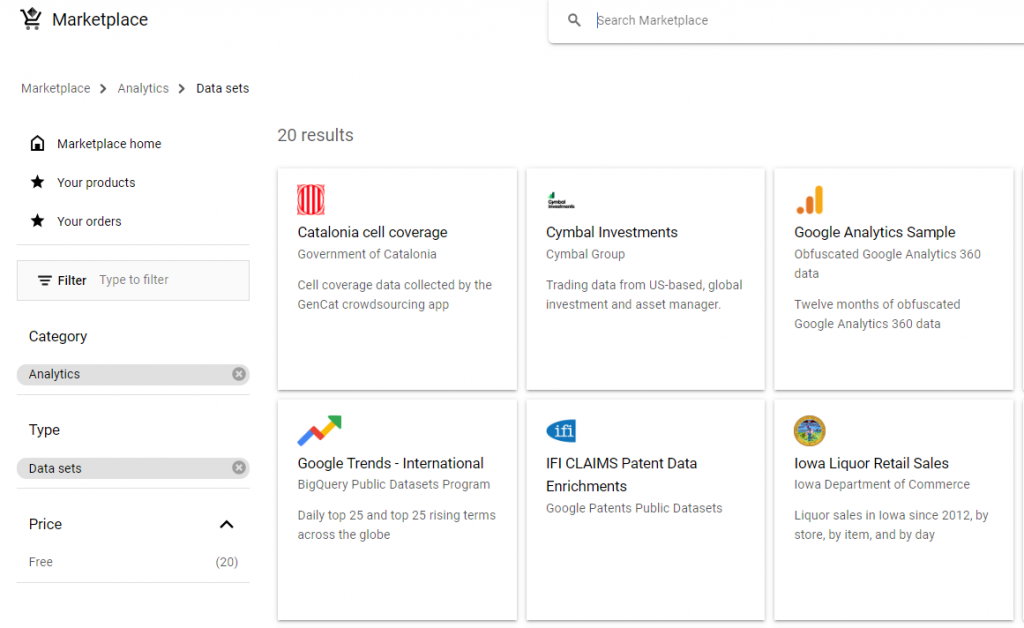 Google Cloud Platform marketplace, with public data sets