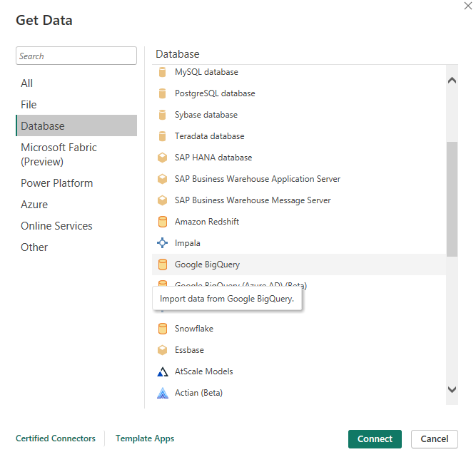 Connect Power BI to Google BigQuery menu