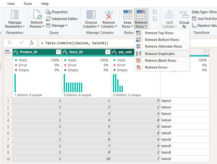 Remove duplicates in Power Query