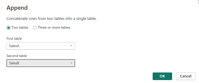 Append tables in Power Query, selecting the tables
