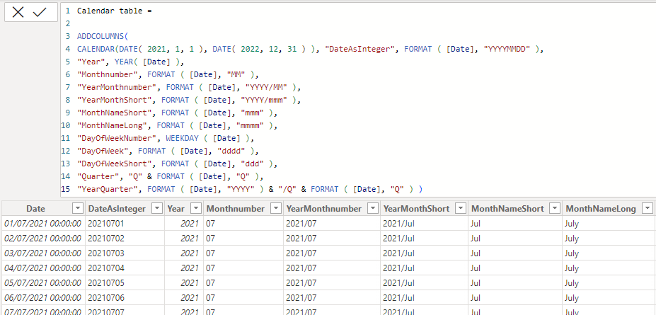 A calendar table in Power BI