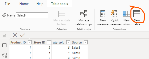 New Table option in the modelling tab in Power BI