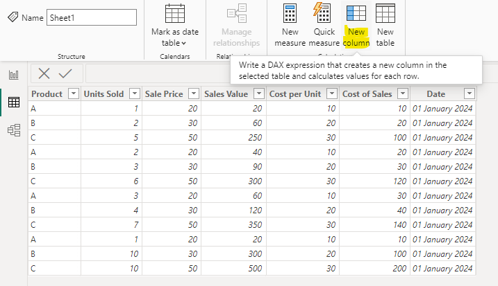 Select a new column from the ribbon in Power BI