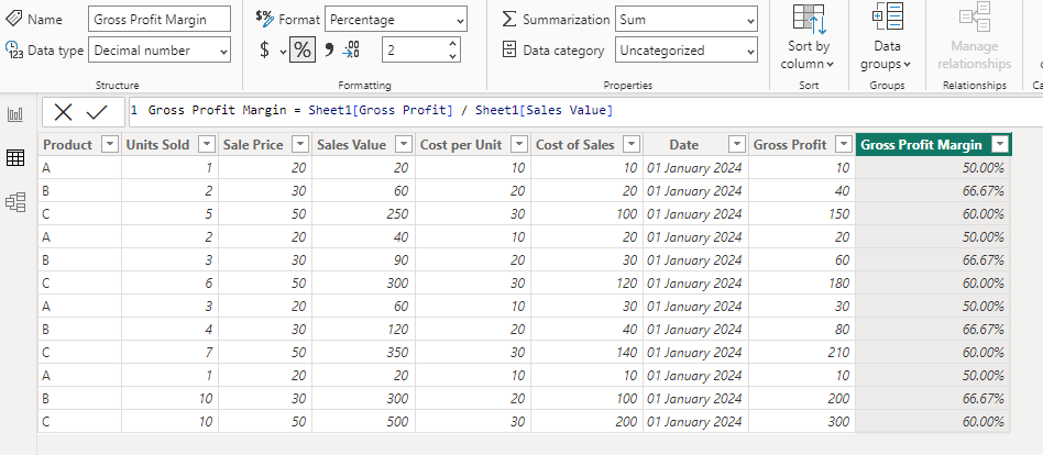 adding a calculated gross profit margin column to power BI