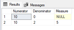 SQL Server output showing the divide by zero problem replaced with a NULL value