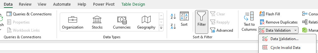 Data Validation in Excel