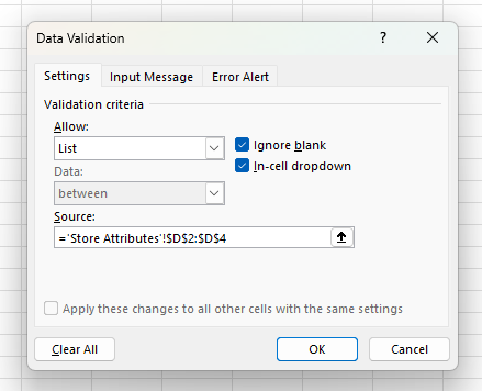 Excel drop down list settings