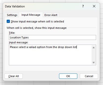 Adding an input message to a dropdown list in Excel