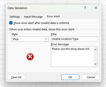 Error alerts in Excel for dropdown lists