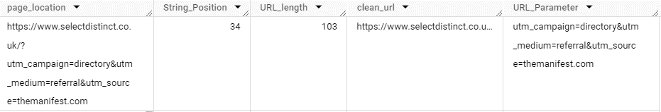 GA4 data with the page location split into a clean url column and a url parameter column