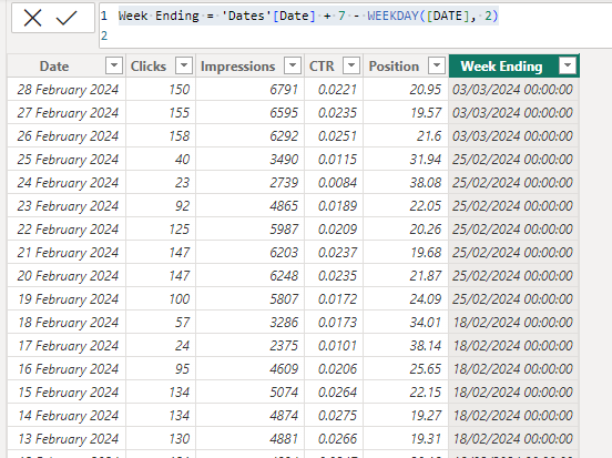 Adding Week Ending date to a table in DAX