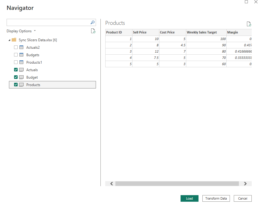Power BI Navigator screen showing the different data connections