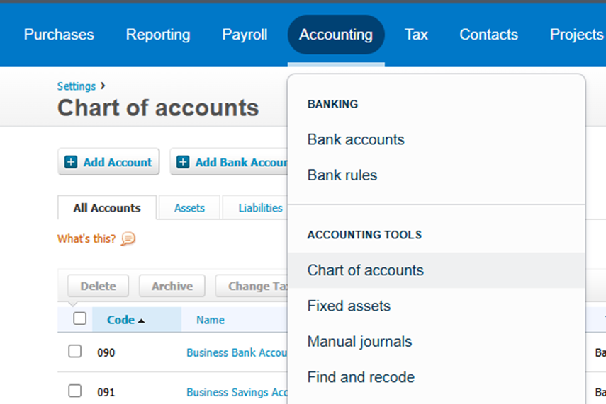 Xero Chart of Accounts Report