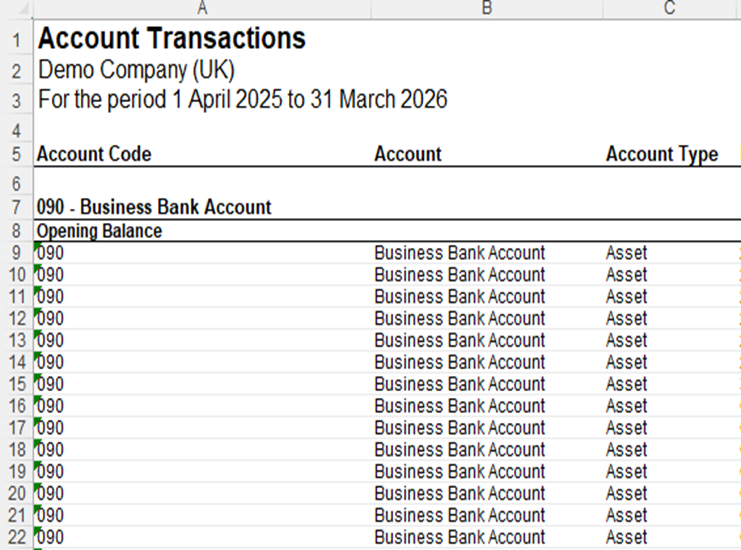 Account Transactions export from Xero Demo Company