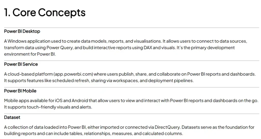 Screenshot from Power BI Glossary showing Core Concepts in plain English