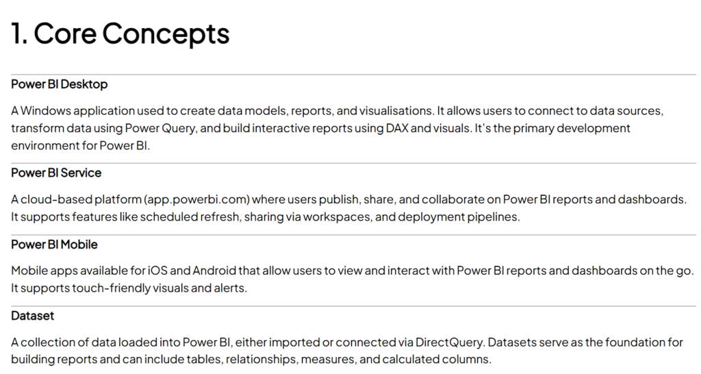 Screenshot from Power BI Glossary showing Core Concepts in plain English