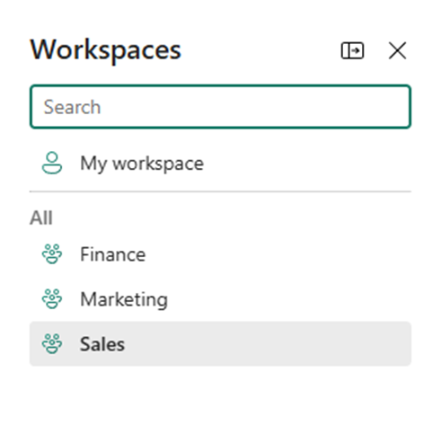 Workspaces in Power BI Service that show Finance, Marketing and Sales