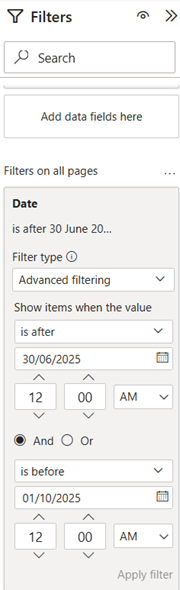 Filter applied to all pages displaying the previous 3 months - Jul, Aug, Sept