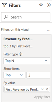 Power BI screenshot showing Filters on for Top 3 Products by Revenue