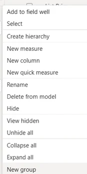 Screenshot in Power BI selecting New Group for binning