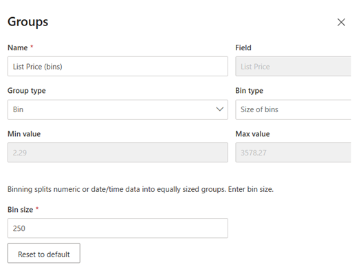 Screenshot of using Power BI Groups and the bin size being 250