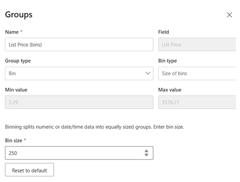 Screenshot of creating and Group and bin size of 250
