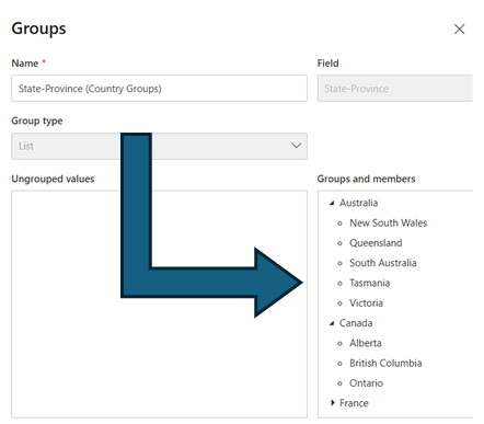 Grouping in Power BI using state-province and grouping them into countries