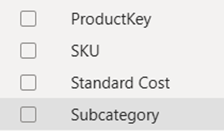 Screenshot of subcategory field in Power BI