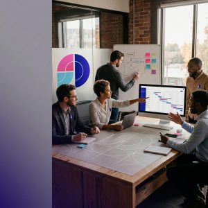 A group of people in a modern conference room collaborate around a large table, with one person pointing to a project timeline displayed on a computer monitor while another writes on a whiteboard covered with diagrams and sticky notes