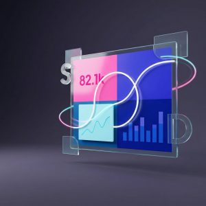 Colorful 3D data dashboard with charts, a figure showing 82.1%, and glowing overlapping loops on a glass-like display