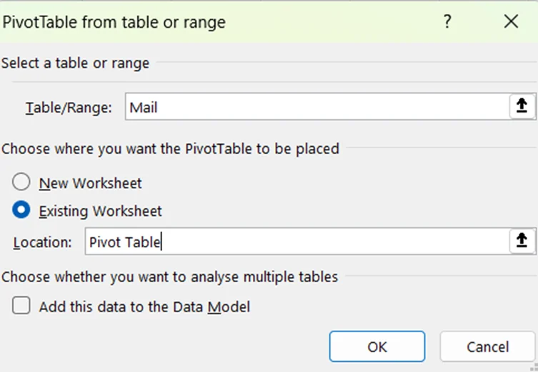 Screenshot showing data range of the Pivot Table selected