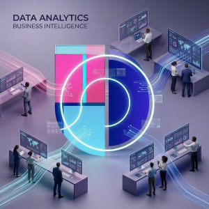 Illustration of people working at digital analytics stations surrounding a large glowing pie and circle chart labelled ‘Data Analytics Business Intelligence.