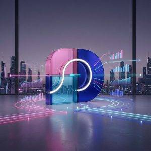 Futuristic 3D data visualization with a large translucent pink‑and‑blue ‘D’ shape surrounded by glowing data lines and floating charts against a city skyline backdrop.
