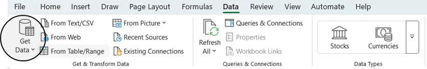 Screenshot of the Excel ribbon bar with a circle shape around Get Data