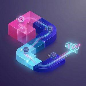 Neon-colored 3D path diagram showing four numbered steps, with icons for search, checklist, settings, and ideas leading to a glowing analytics dashboard.