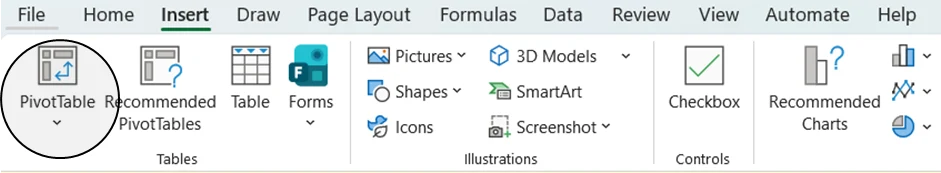 Excel ribbon showing Insert tab with Pivot Table circled