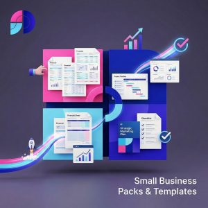 3D illustration of colourful business templates, including financial sheets, project timelines, charts, and checklists, arranged on pink and blue blocks with glowing data lines and icons, labelled ‘Small Business Packs & Templates