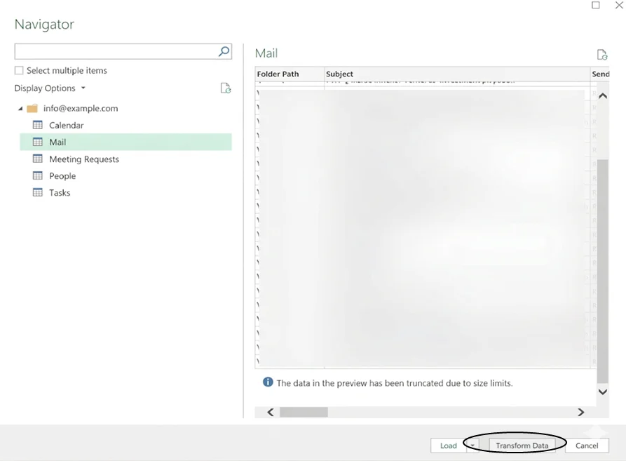 Screenshot of the Navigator, selecting the Mail data table to Transform Data