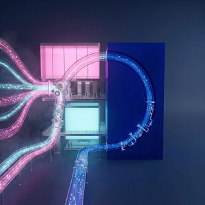 Futuristic system with glowing pink and blue data streams flowing through transparent tubes into a central mechanical hub and looping through a circular blue structure